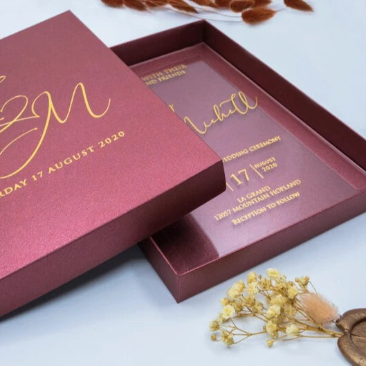 Luxury Clear 1mm Acrylic Wedding Invitation Card with Red Blue Gold Stamping Handmade Offset Printed Paper Box for Baby Shower