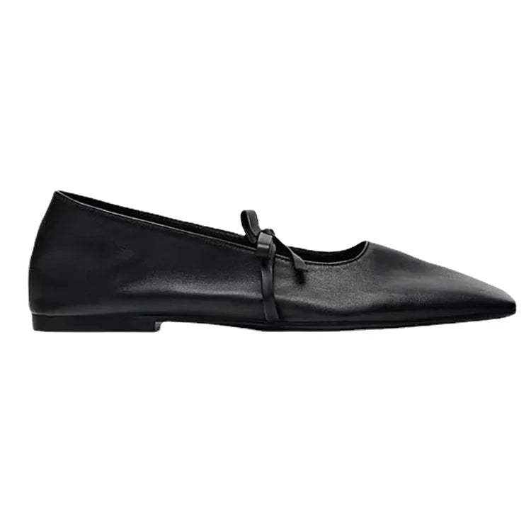 2024 Autumn Women's Black Bow Slip-On Flat Mary Jane Ballet Shoes Double Strap Square Toe Shallow Mouth Comfort Breathable