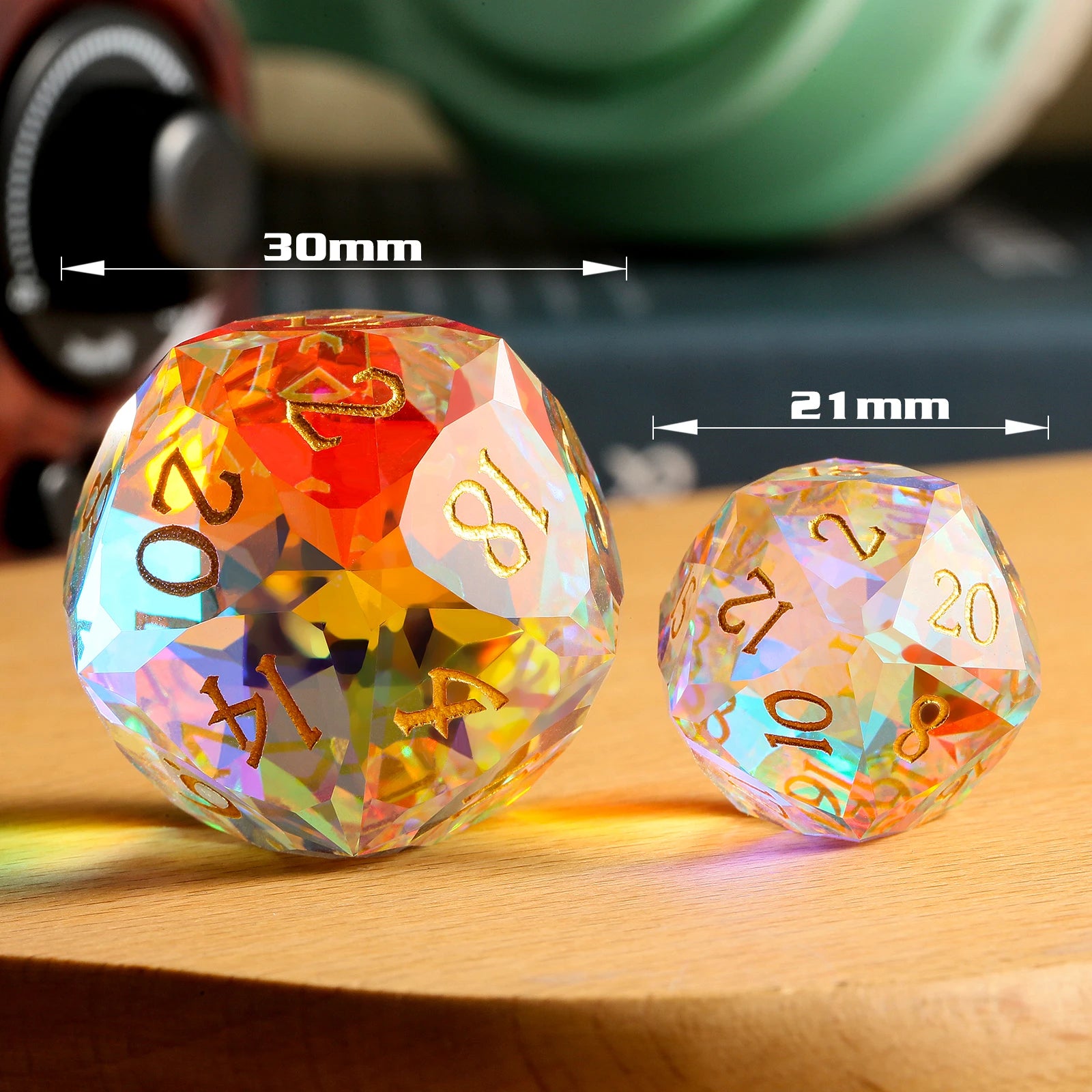 Diamond Cut Transparent Multicolor D20 Glass DND Dice 21mm 33mm Handcrafted for Dungeons and Dragons