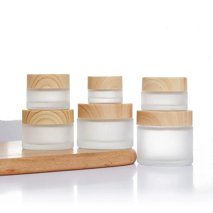 Empty Face Cream Bottle Skincare Cosmetic Cream Frost Glass Jar with Bamboo Lid