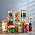 Eco-friendly Wholesale High Borosilicate Food Airtight Kitchen Glass Bottle Spice Storage Container Glass tank with Bamboo Lids