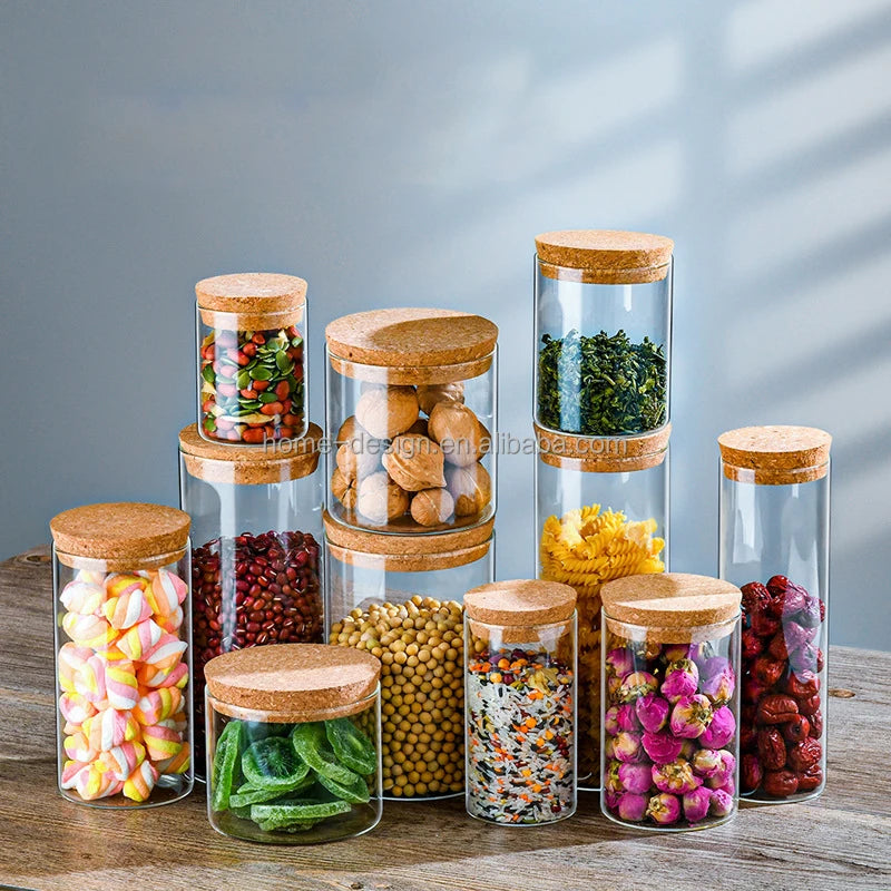 Eco-friendly Wholesale High Borosilicate Food Airtight Kitchen Glass Bottle Spice Storage Container Glass tank with Bamboo Lids
