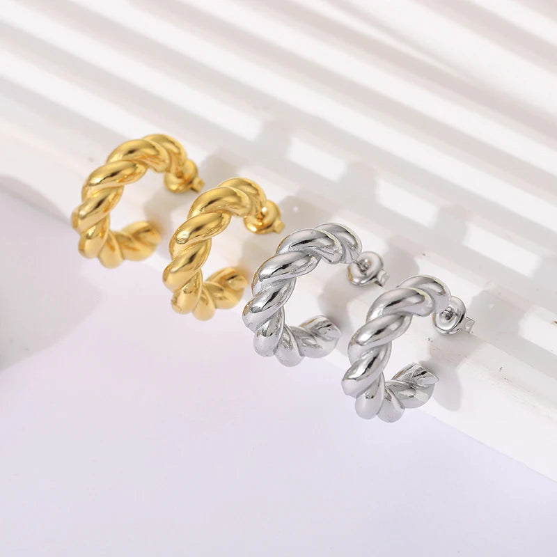 Chunky Thick Stainless Steel Stud Earrings Circle C Shape Croissant Twist Open Hoop Earring for Women