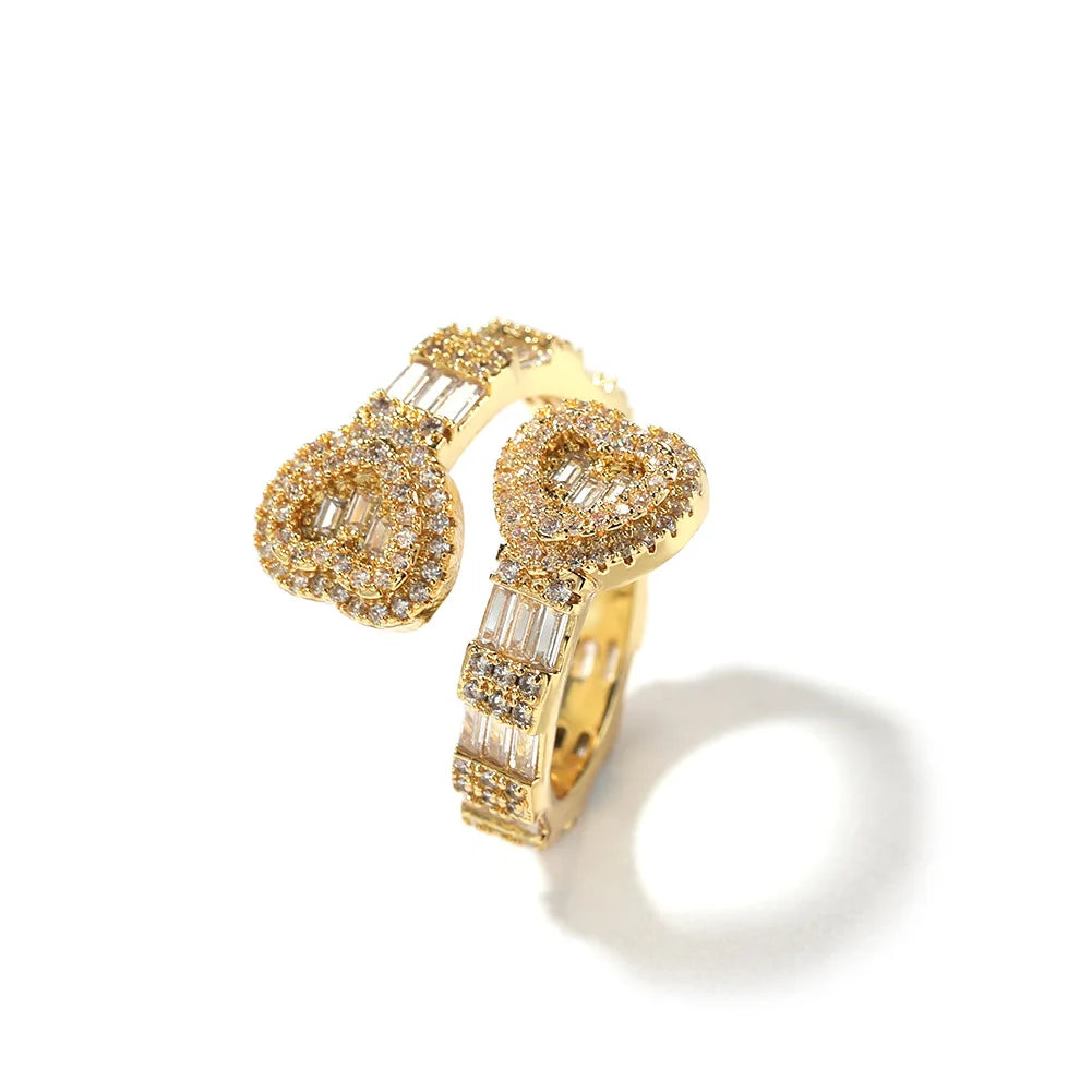 DE Chic Lovely Iced Fashionable Brass 18k Gold Plated Jewelry Adjustable Striking Zirconia Heart Ring