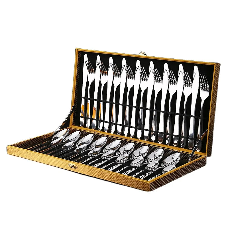 Luxury 24pcs Silver Stainless Steel Cutlery Set in Gold Suitcase Gift Box Mirror Polished Flatware for Wedding