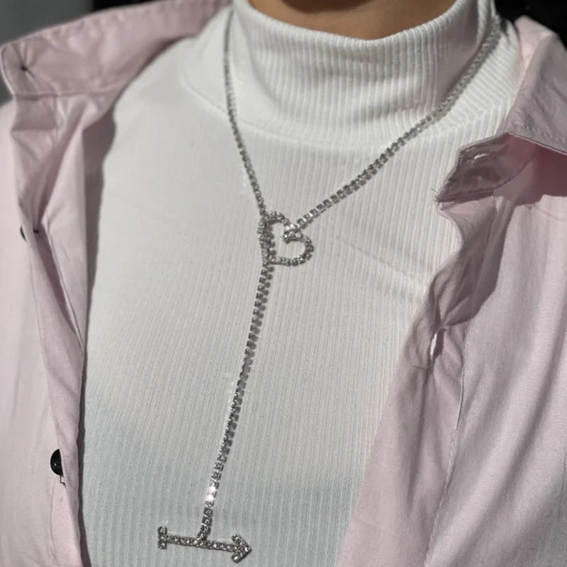 New Arrival Arrow Hollow Heart Necklace Trendy Long Tassel Collarbone Chain with Diamond Accessories Wholesale Necklace