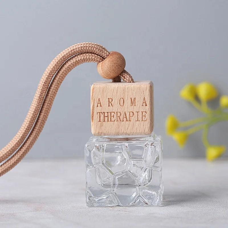Square Honeycomb Glass hang Diffuser Bottle with Wood Lid Brown Rope Wooden Cover Car Scent Bottle