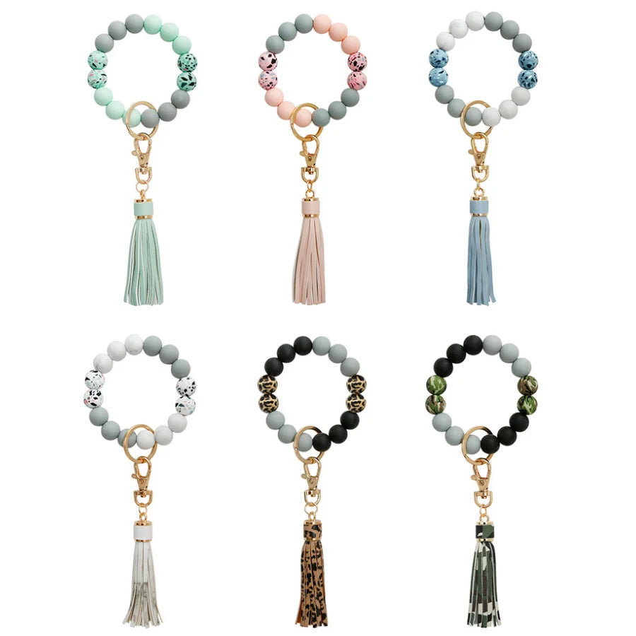 2021 Elastic Rubber Bead Simple Keychain Bracelet 7.5cm Dia Water Transfer with Tassel Wristlet Alloy