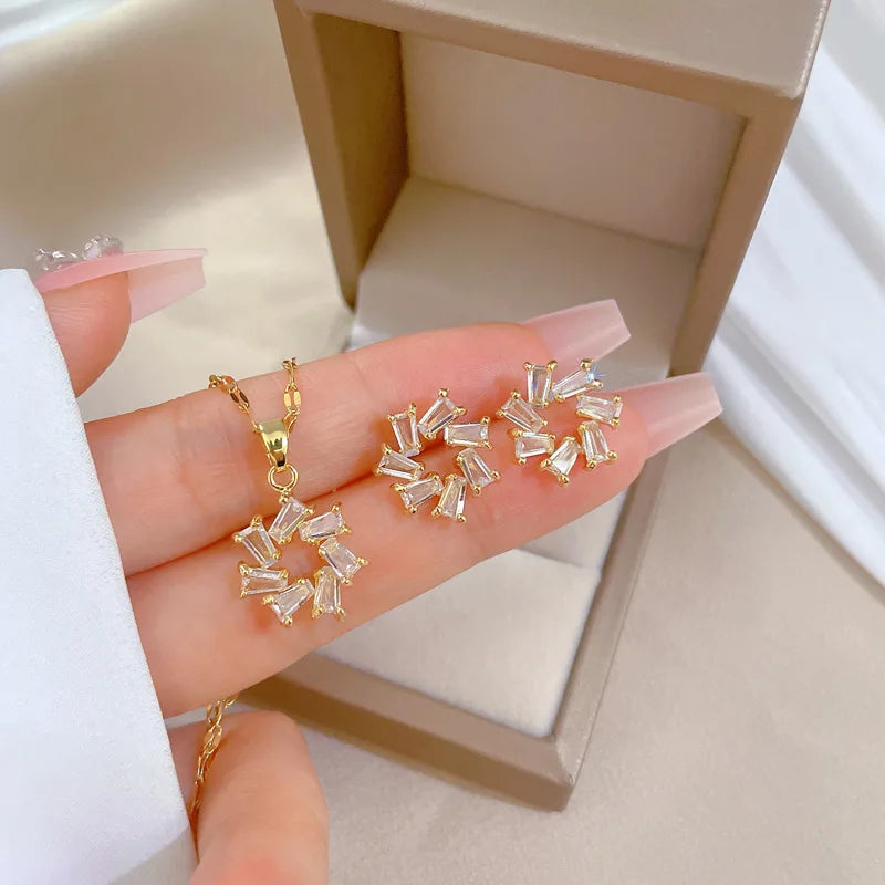 Trendy Personalized Gold Plated Stainless Steel Jewelry Set Square Zircon Earring Pendant Necklace Jewelry Sets
