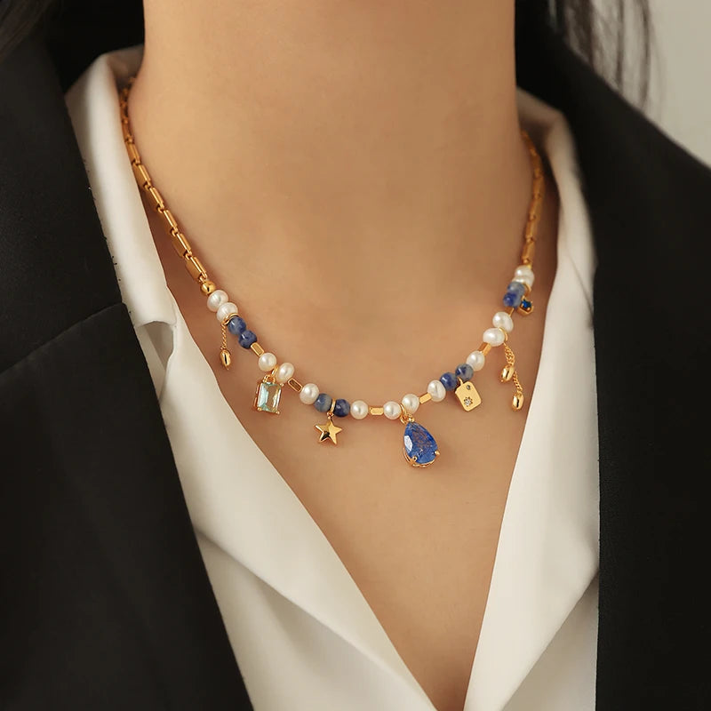 Latest Design Gold Plated Luxury Style Natural Stone Chain INS Trendy Elegant Zircon Pearl Star Necklace for Women Jewelry