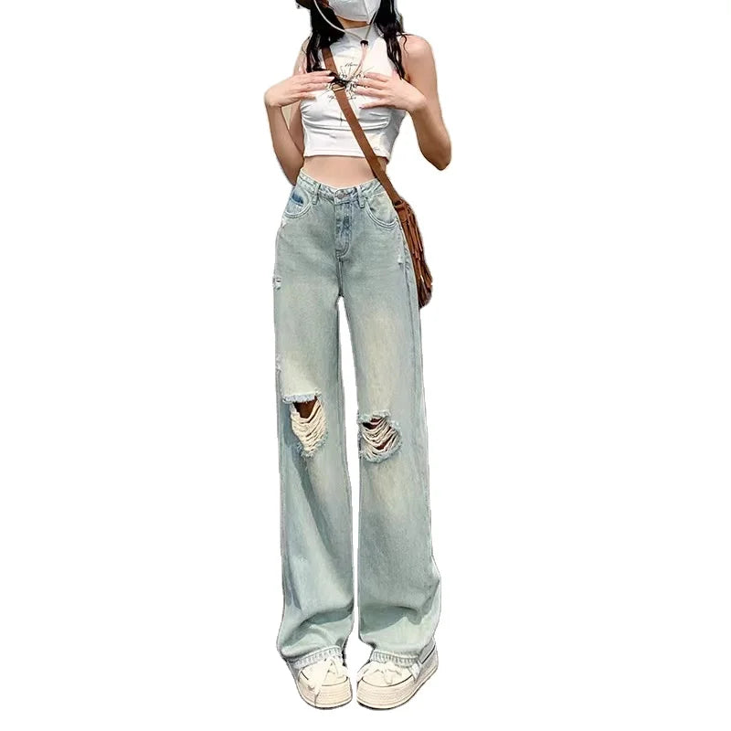 Wholesale High Waist Women Ripped Jeans 2024 Fashion Women Wide Leg Jeans Casual Women Denim Jeans