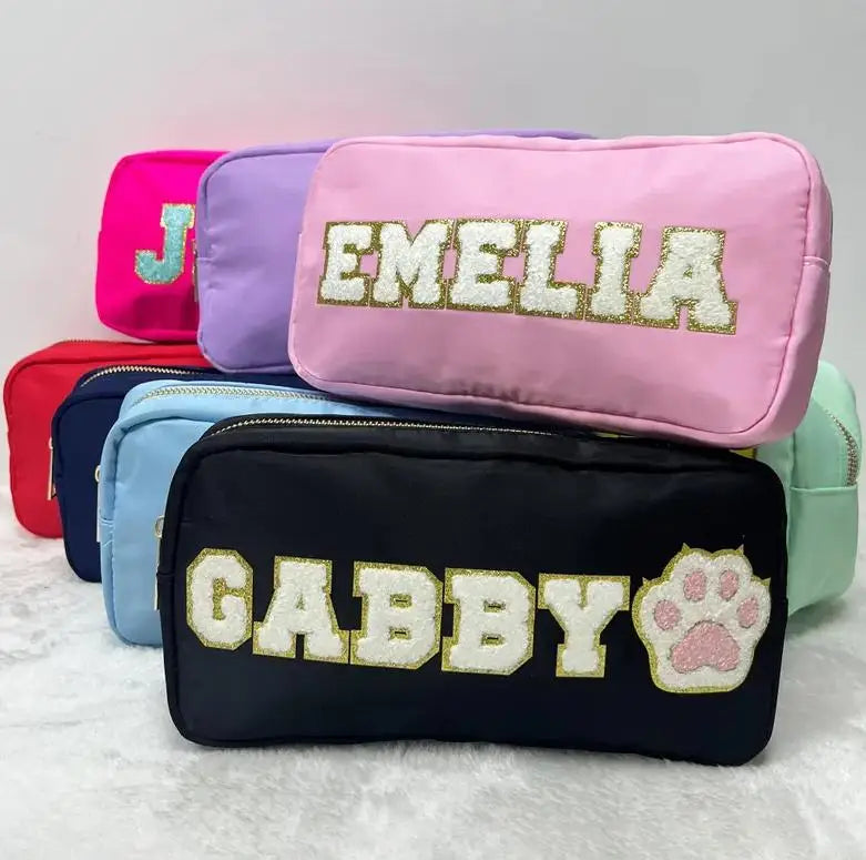 Many Stock  New Candy Color  Nylon Cosmetic Bag  Can Be Customized Neon Make up Bag with Chenille Letter Patches