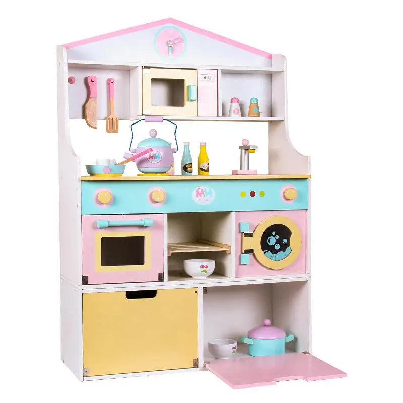 Children's Role Play Large Pink Wood Refrigerator Kitchen Set Education Simulation Pretend Gift Toys for Boys Girls