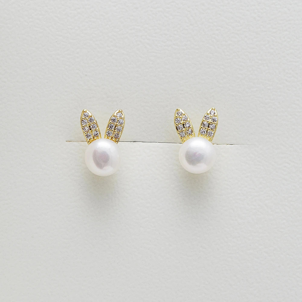 LUCK Classic Rabbit Shaped Lovely Cute Real Freshwater S925 Silver Needle Small Pearl Earrings Stud