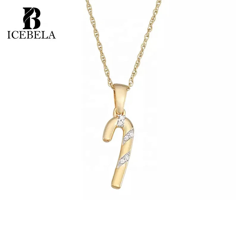 Minimalist 925 Sterling Silver 18k Gold Plated Christmas Fashion Fine Jewelry Pave Zircon Candy Cane Pendant Necklaces for Women