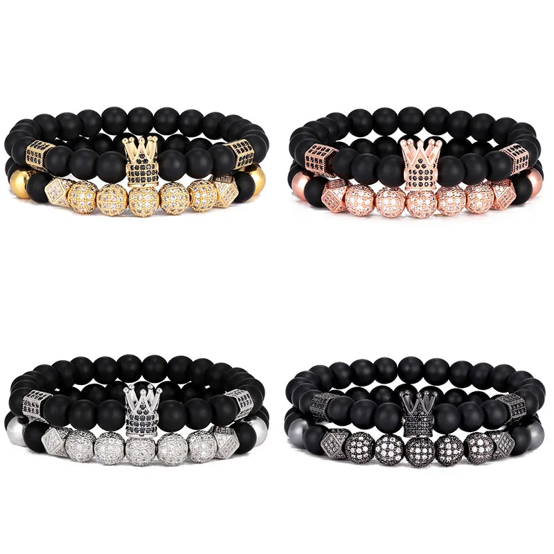 8mm Natural Black Matte Onyx Gold Crown Bracelet Jewelry Bead Black Real Mens Crown Bracelet
