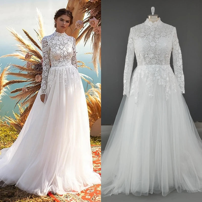 11802#Real Photos Long Sleeves Lace Applique High Neck A-Line Bohemian Sweep Train Wedding Dress Wedding Bridal Gown for Women