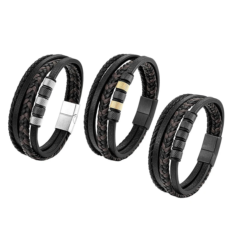 Fatingna Handmade Woven Leather Bracelet for Men Stainless Steel Bangle Clasp Fashionable and Durable for Various Occasions