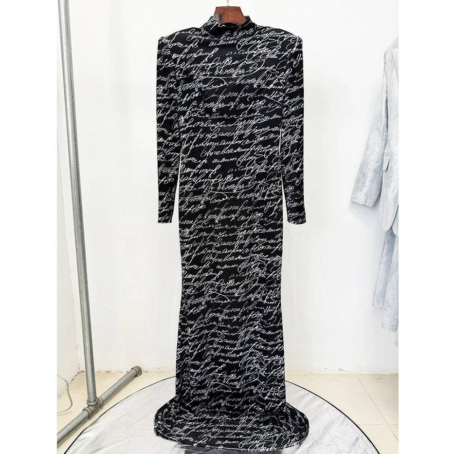 A9746 Factory Direct New Vintage French Elegant Dress Long Sleeve Patchwork Written Pattern Colour Women Maxi Dresses