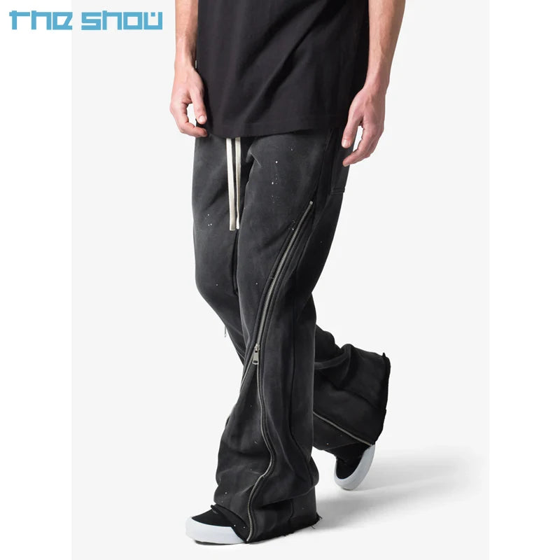 Custom Men's Pants 100% Cotton Stacked Sweat Pants Zip up Jogger Acid Washed Sweatpants Zipper Flare Sweat Pants Men