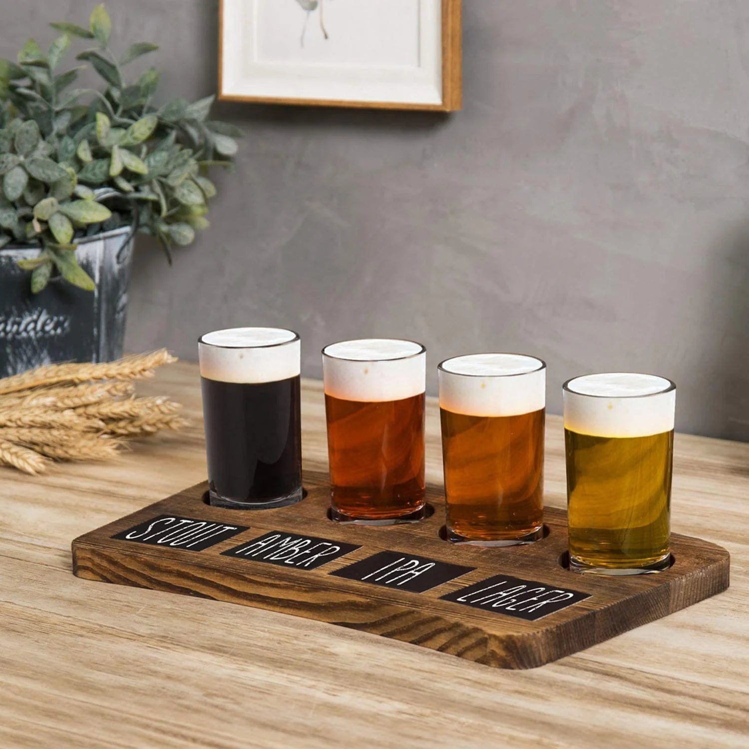 Beer Tasting Flight Sampler Set - Four 6 oz Pilsner Pub Glasses and Dark Brown Wood Serving Tray
