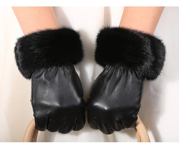 Fancy Warm Daily Life Ladies Mink Fur Cuff Sheepskin Leather Gloves