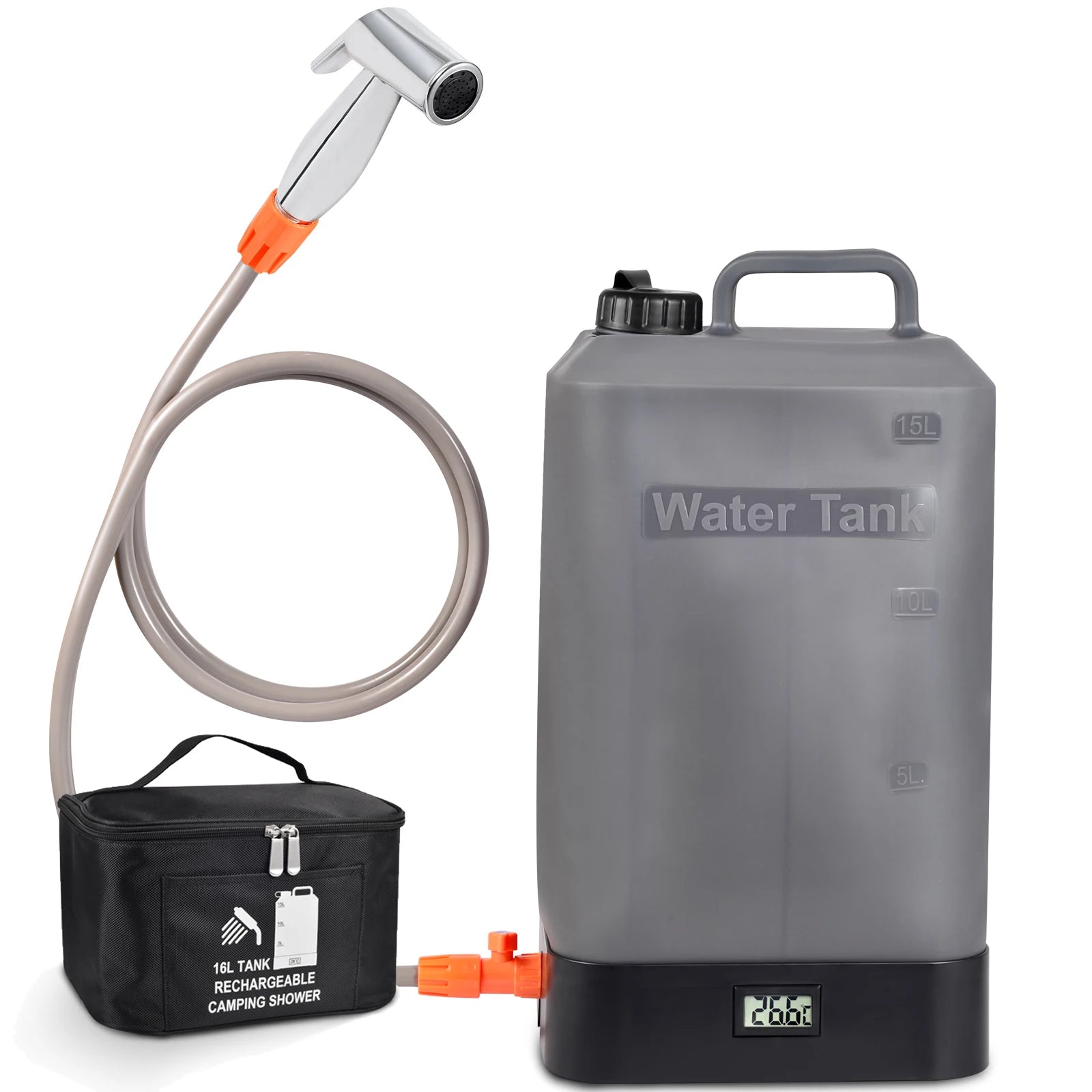 Portable 4.5 Gallon Silicone Water Tank Outdoor Shower Battery Powered Temperature Display Solar Heating Easy Beach Accessories