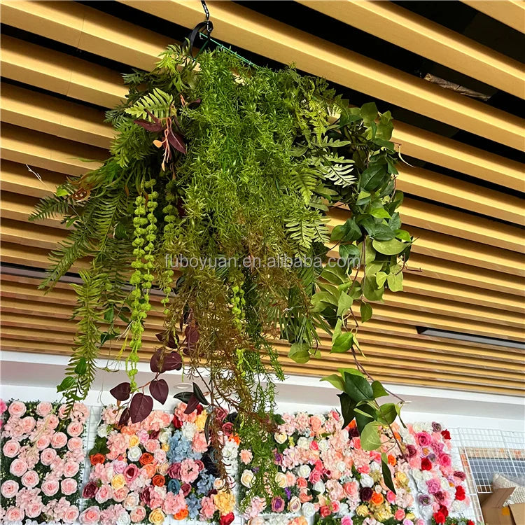 F Garden Backdrop Green Fake Plastic Grass Faux Artificial Fern Leave Garland Roof Wall Hanging Ceiling Greenery Plant for Decor