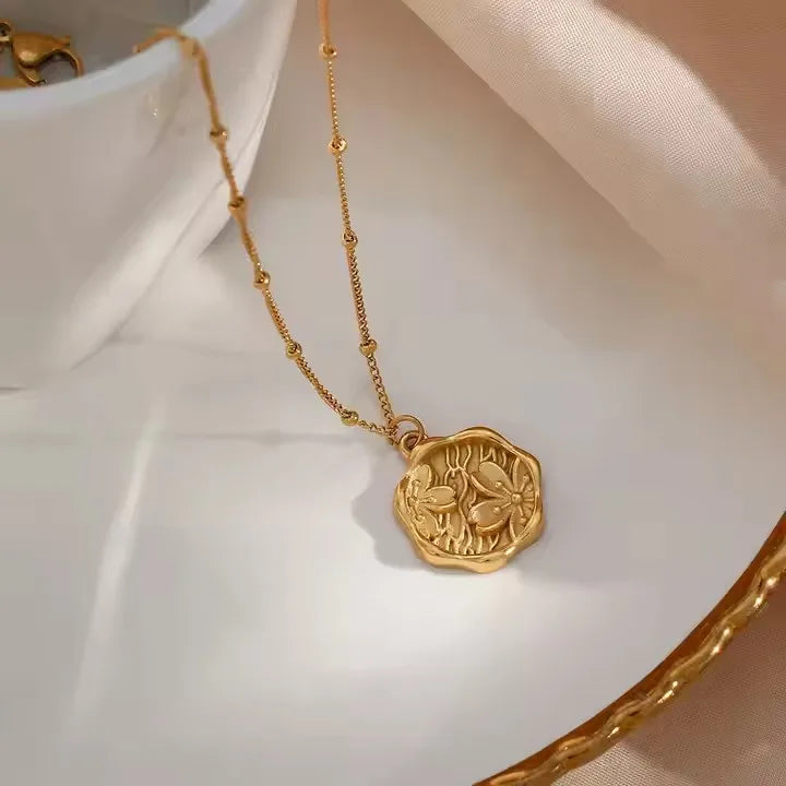 18K Gold Plated Stainless Steel Retro Flower Children's Party Necklace with Link Chain and Geometric Pendant Trendy Design