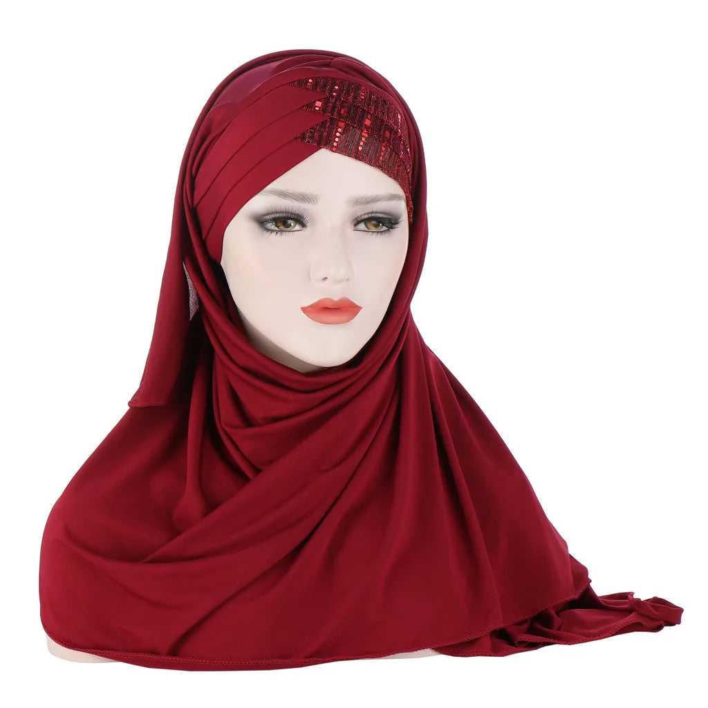 Women's New Arabic Criss-Cross Front Stretchy Hijab Headscarf with Rhinestone for Spring