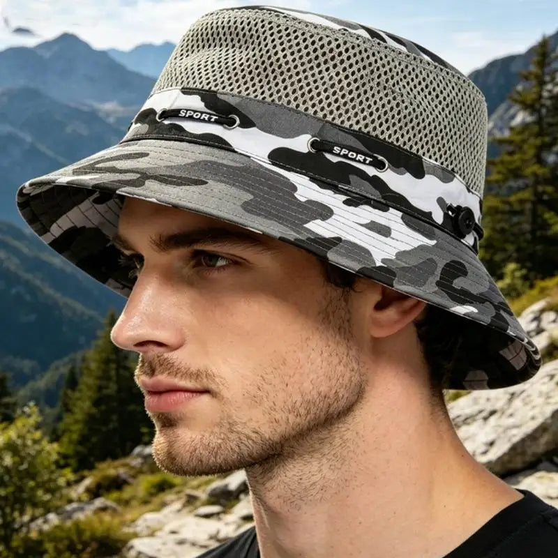 RTS New Style Simple Mesh Camouflage Bucket Hat Outdoor Breathable Leisure Sunscreen Hiking Hat for Men Women