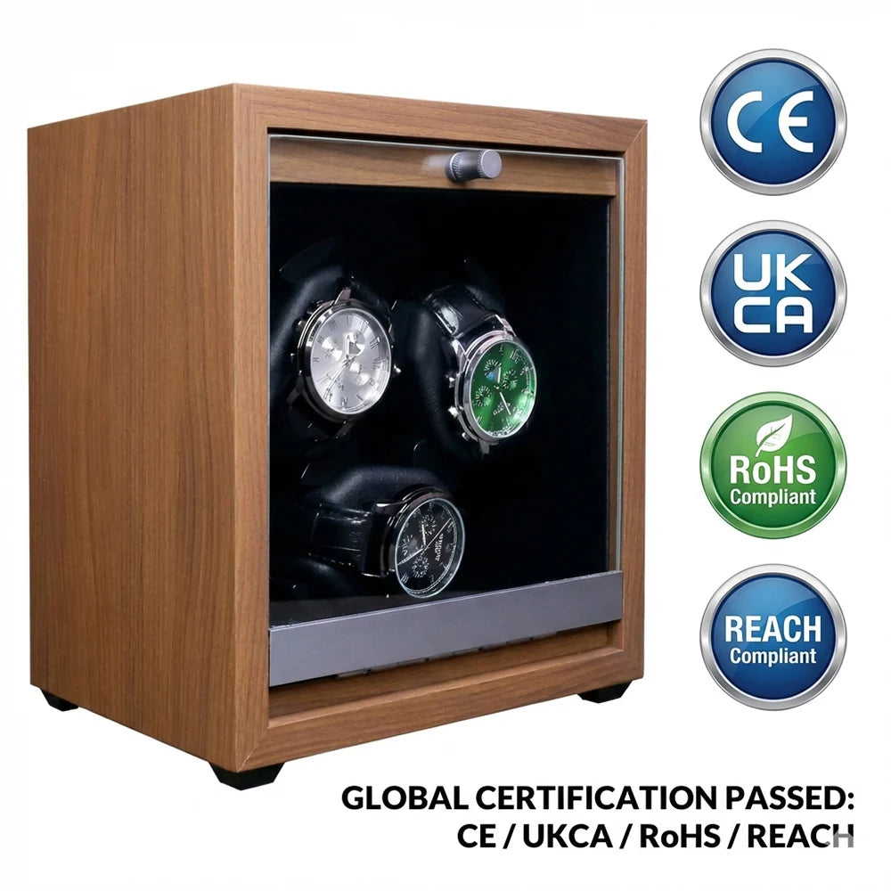 Automatic Quiet Custom Logo Square Outside 3-Slot Watch Shaker Storage Box with Wooden Walnut Grain Watch Winder