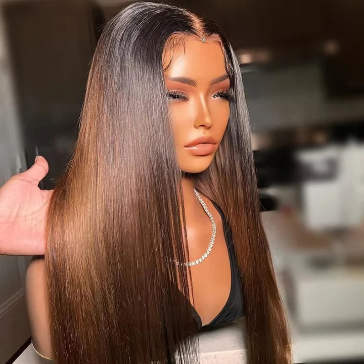 T1b/Brown Ombre Color Human Hair HD Lace Frontal Wig With Pre-plucked Ombre Lace Front Wig 180% Density Straight Colored Wigs