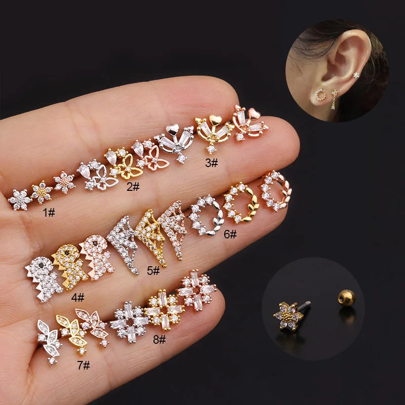 Cartilage Conch Rook Tragus Helix Stud Earrings Stainless Steel Bohemian Wings CZ Anniversary Piercing Jewelry Star Flower Crown