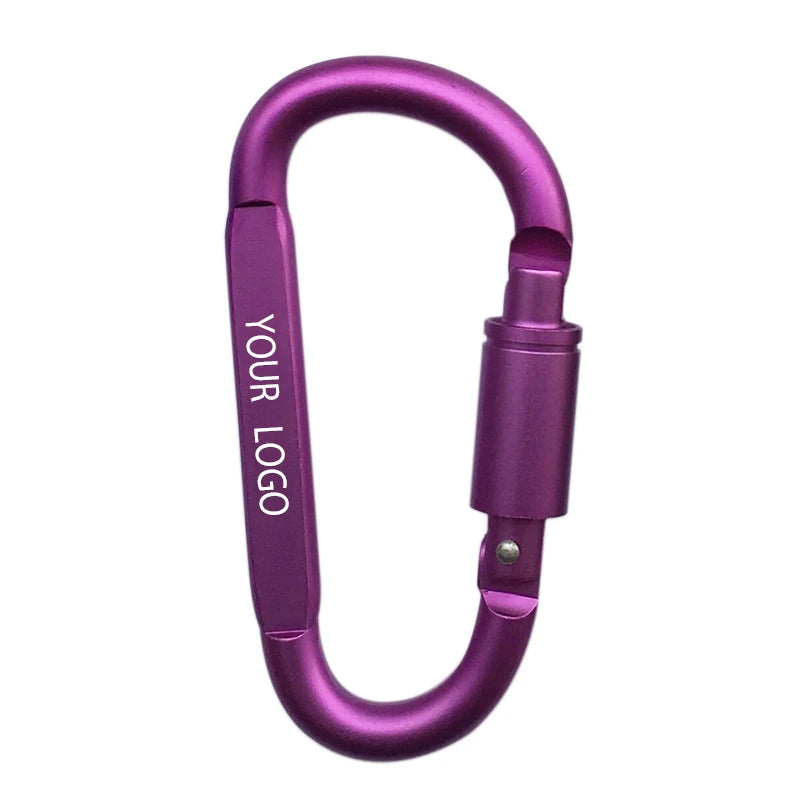 Custom Logo Aluminum D Shape Locking Carabiner Keychain Screw Gate Snap Hook Clip for Outdoor Event Giveaways
