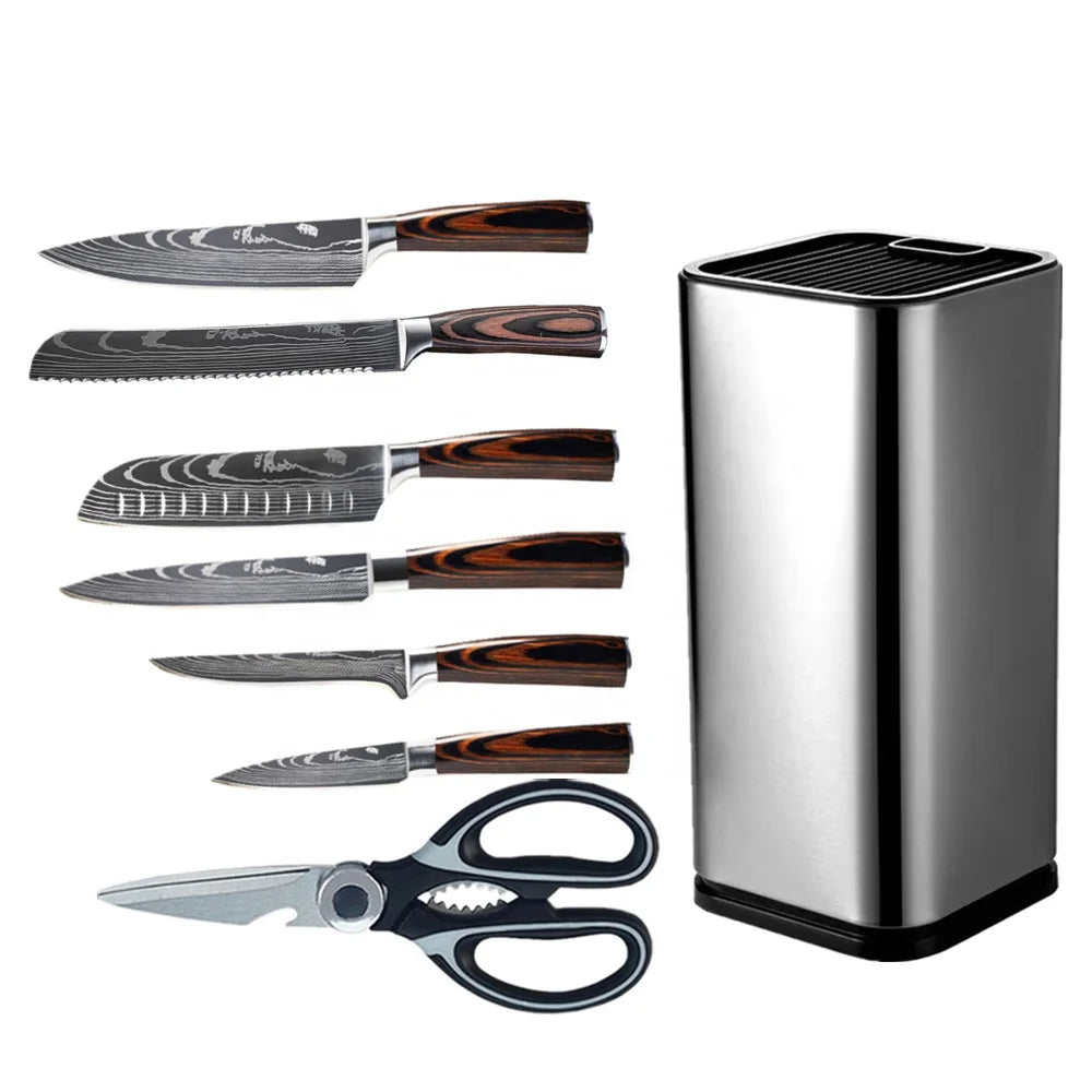 Kitchen Chef Set with Stainless Steel Santoku Utility Cut Cleaver Paring Bread Paring Knives Scissors Wood Handle Cooking Tools