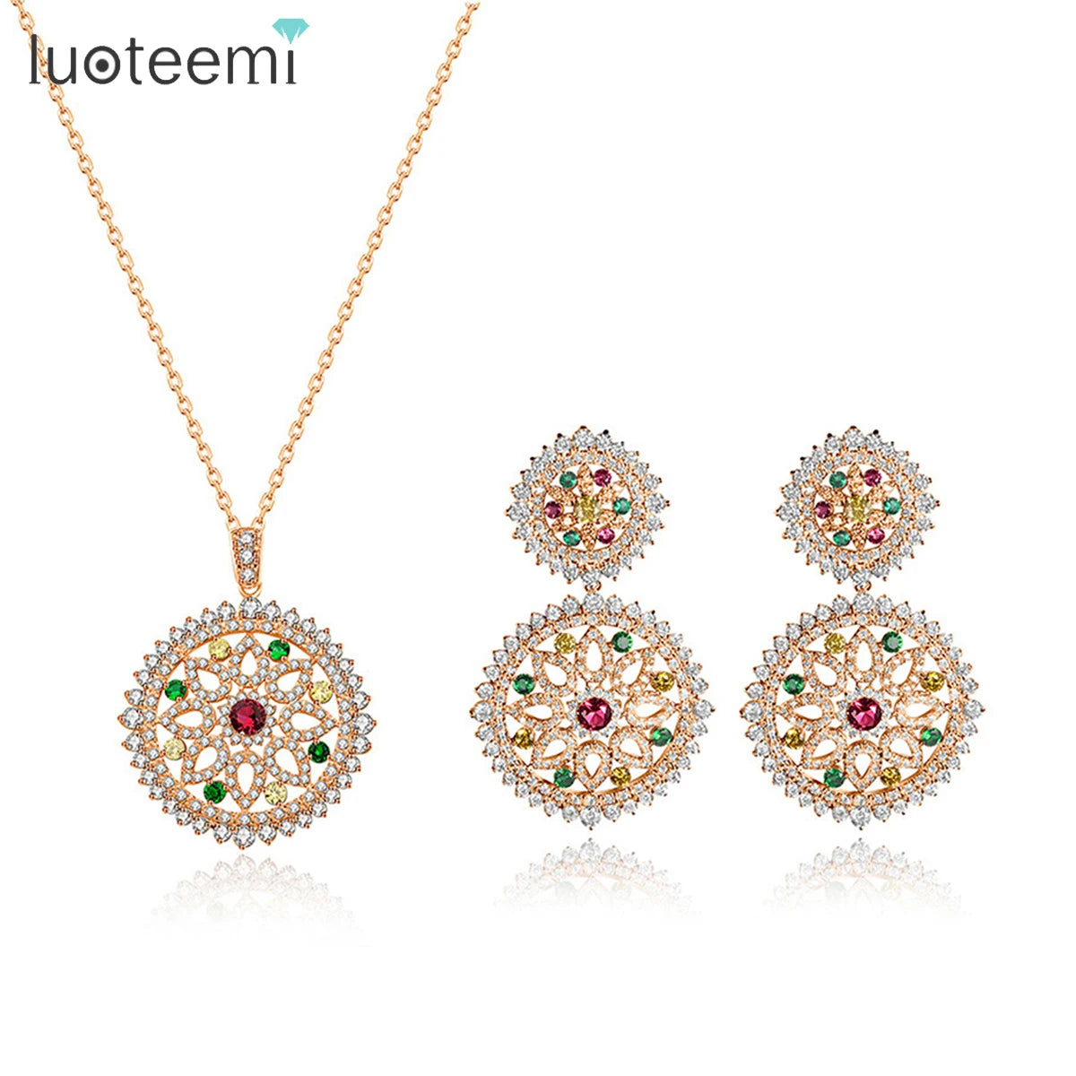 LUOTEEMI in Stock Bling Beautiful Pendant Zirconia Set Bridal Wedding Round Big Earring Necklace Woman Jewelry