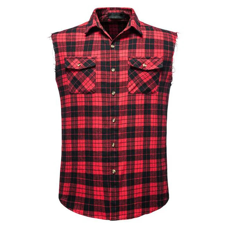 Summer Mens Casual Flannel Plaid Shirt Sleeveless Double Pocket Cowboy Button Down Shirts Men Cotton Vest Checkered Top