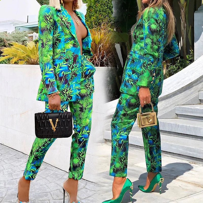 Floral Printed Elegant 2 Piece Set Women Single Breasted Blazer and Long Pant Set Autumn Party Office Lady Outfits Temperament