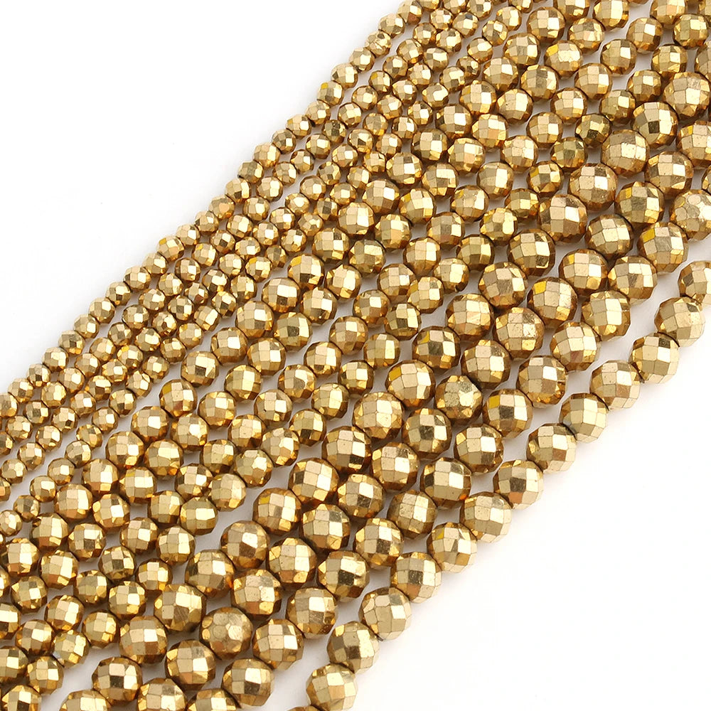 Natural 2/3/4MM Real Gold Plated Faceted Hematite Stone Beads Kuoyu F09495 15 Inches/strand Semi Gemstone for Jewelry