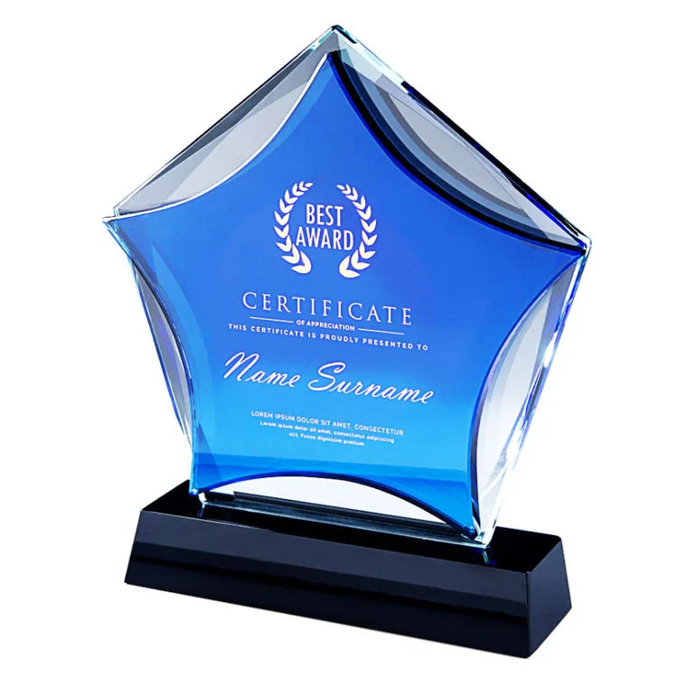 2025 Wholesale K9 Quality Blue Star Crystal Trophy Plaques and Awards With Black Base Glass Trophy