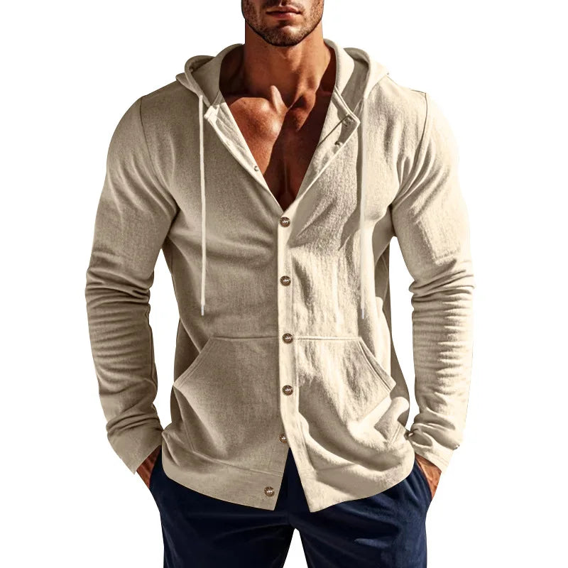 RNSHANGER Loose Men's Linen Long Sleeve Hooded Shirts Casual American Style Solid Color Breathable Shirts Single Breasted Shirt
