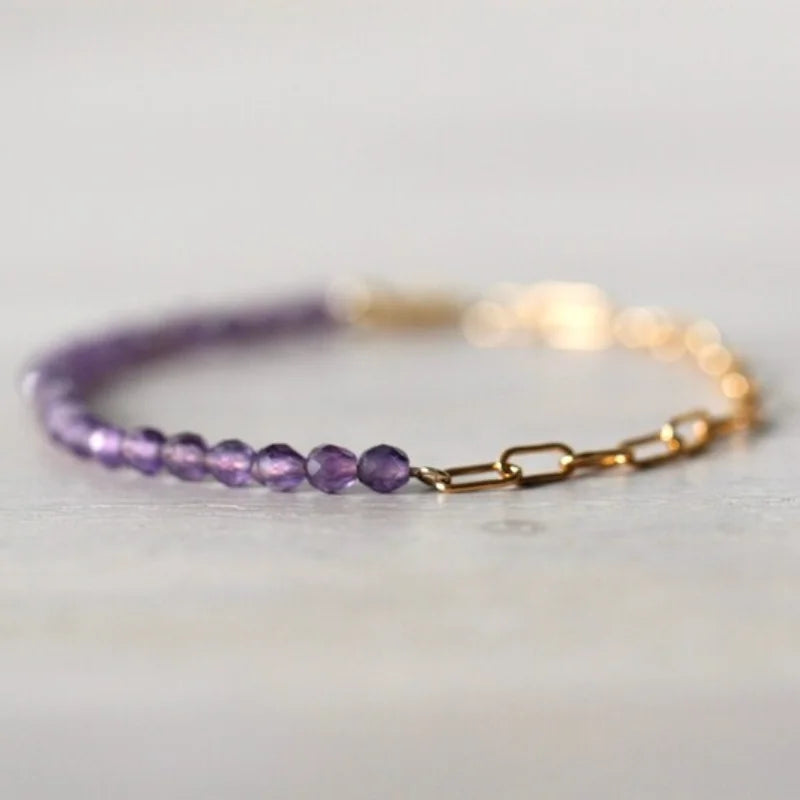 18K Gold Half Paperclip Chain Amethyst Birthstone Bracelet Natural Faceted Precious Gemstone Beaded Bracelet
