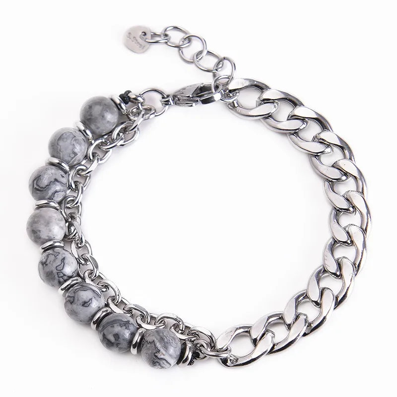 Fashion Simple Hot Stainless Steel Men's Bracelet Map Stone Tiger Eye Stone Bracelet Natural Stone Beaded Chain Bracelet