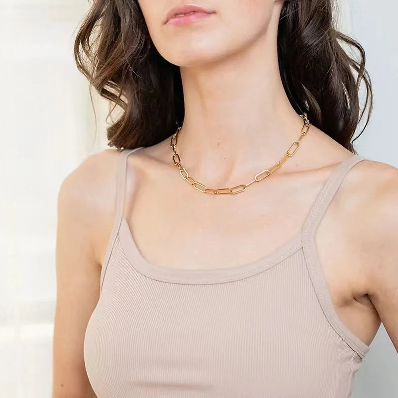 Boho Fashion Thick Stainless Steel 18k Gold Plated Paper Clip Chain Link Necklace 20 24 and 28 Inches Women
