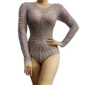 Sparkling Rhinestone Lady Transparent Long Sleeve Bodysuit Romper Womens Pole Dance Leotard Stage Performance One Piece Jumpsuit