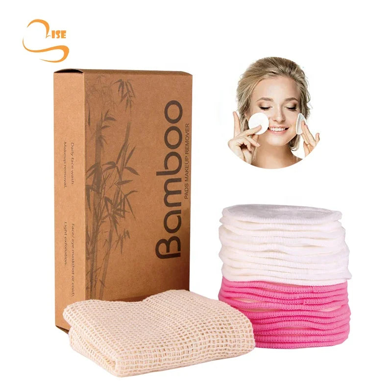 Eco-friendly 3.15" Round Soft Reusable Bamboo Cosmetic Cleansing Pads Laundry Bag Set Makeup Remover Towel Cloth Pads