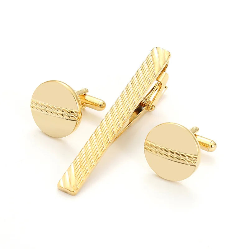 Wholesale Gold Plate Stainless Steel Cufflinks and Tie Clip Sets for Men Luxury Logo Customized Necktie Pin Cuff Links Studs Set