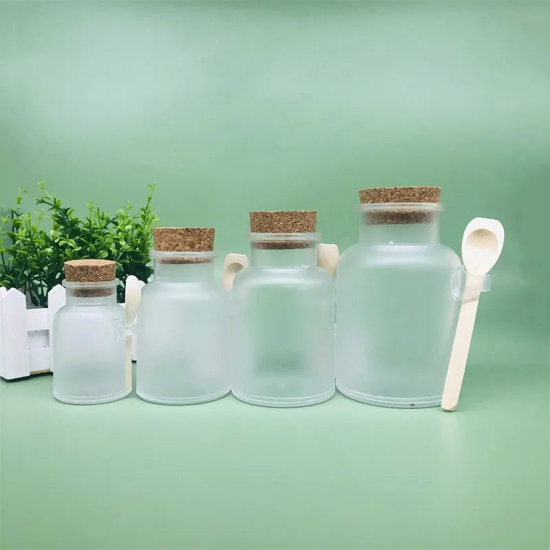 100ml 200ml 300ml 500ml Empty Cosmetic Packaging Round Body Scrub ABS Plastic Salt Bottle With Cork Wooden Spoon