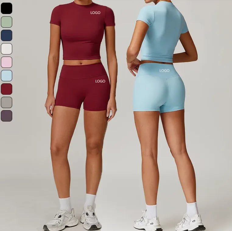 Custom Logo Breathable Reversible Slim Fitness Yoga Wear for Women Active Solid Pattern Workout Sets Plus Size Buttline Short